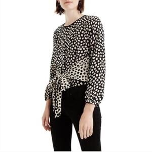 J. Crew Silk pebble polka dot print tie front blouse black white sz 2